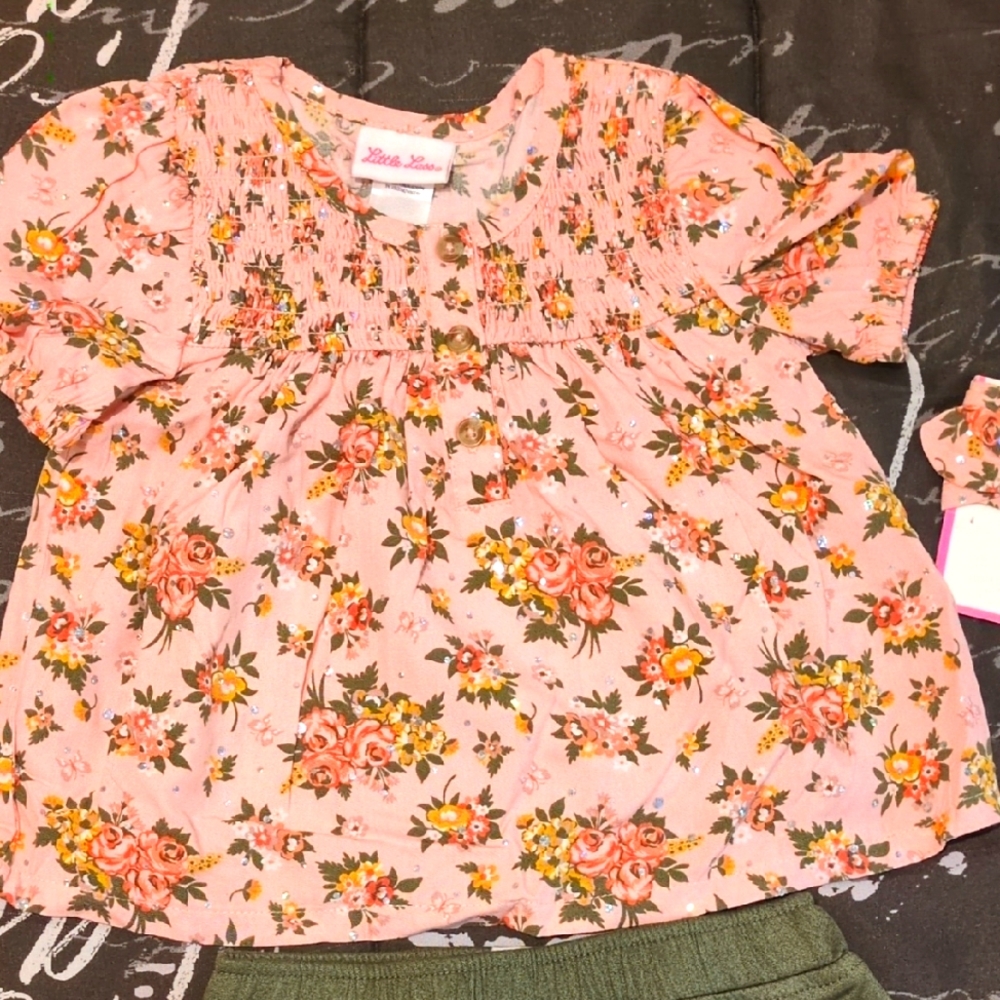 Little Lass 3 PC Floral Pink Kid's Top/Green Skirt 3T